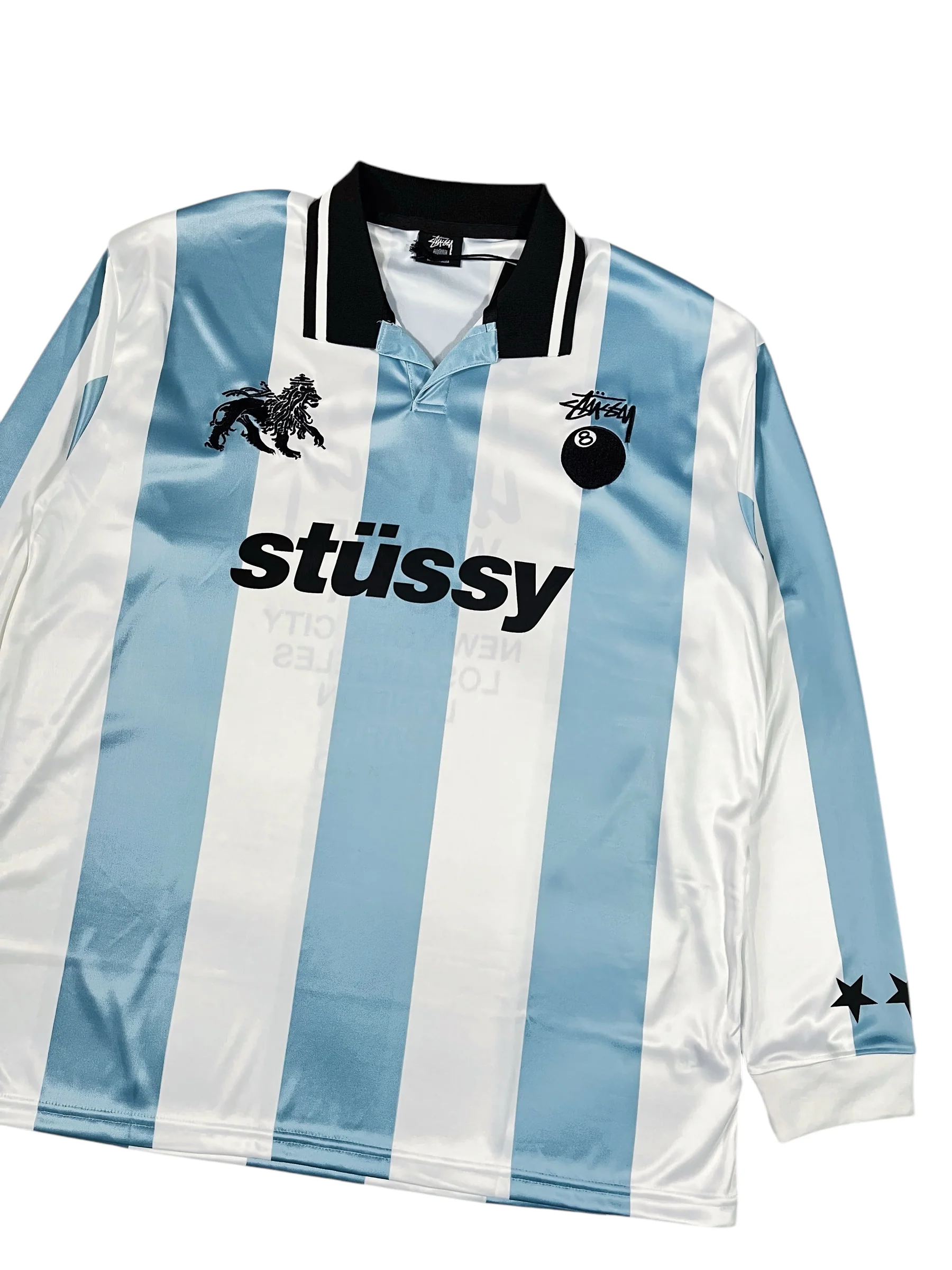 Stüssy Football Long Sleeve Polo Shirt Blue & White - Image 3